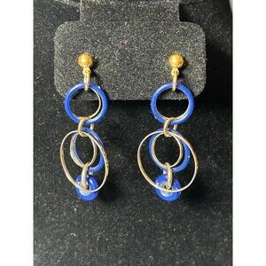 Geometric Blue and Gold Tone Dangle Earrings
